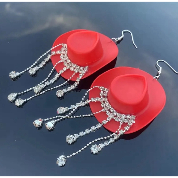 Red Cowboy Hat with Rhinestone Dangles Earrings - Picture 3 of 5